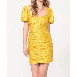 NWT Adelyn Rae Nissa Puff Sleeve Mini Dress Ruched Honeycomb Yellow Large New
